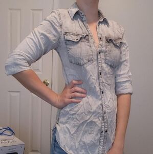 Grey acid wash button up top